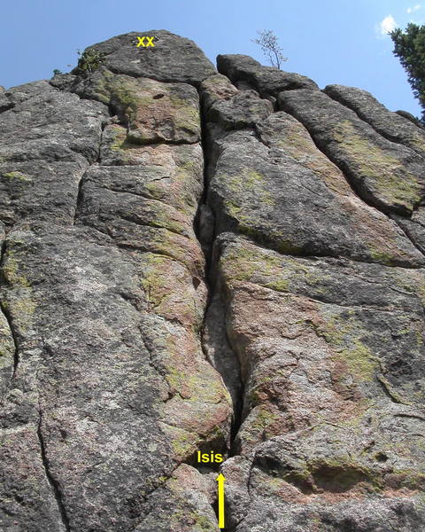 Isis, a physical finger-to-fist crack on the Wall of the Goddess.  The crux is the wide section near the top, where good jams are hard to come by.