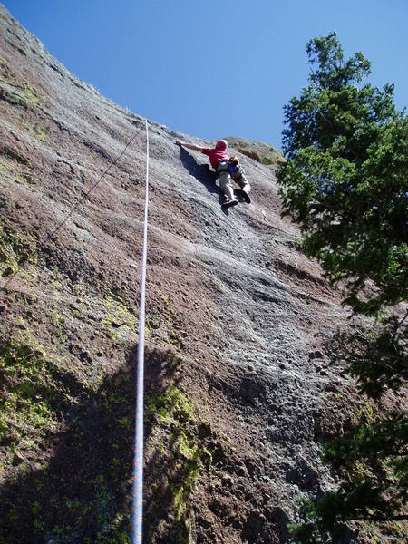 The route climbs just right of the gray water streak.