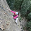 Bruce Hildenbrand on the steep headwall near the top of the pitch.