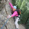 Bruce Hildenbrand making the final step left to the belay.