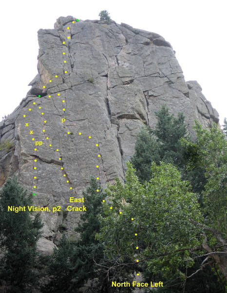 Routes on the left side of Cob's North Face.  Night Vision climbs the face and arete near the left edge. East Crack climbs a left-facing corner and thin crack. North Face Left climbs the face past an old pin.<br>
<br>
The routes meet at an alcove by the arete, and share a common final pitch to the summit. 