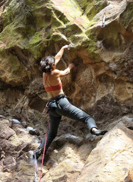Sarah setting up under the crux roof.