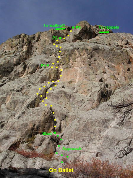 On Ballet, showing two ways to climb the first pitch:<br>
<br>
Right variation: Climb the initial corner and go up a slab to a corner with a thin crack.  Place a green Alien and climb the corner (7 to 8) to the steep right-facing corner that ends the pitch.<br>
<br>
Left variation: Climb the initial corner and angle left to the wall. Place a red Alien and crank left onto a slab (7 to 8). Climb a white dike to the steep right-facing corner that ends the pitch.<br>
This variation shares some ground with the first pitch of October Surprise.<br>
<br>
Both variations are about the same difficulty; take your pick.<br>
