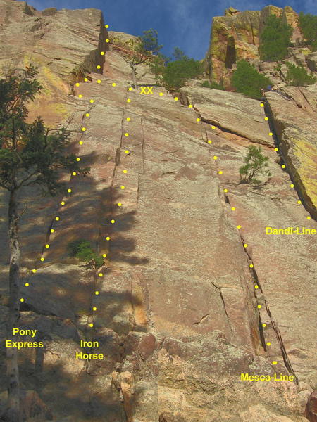 Routes in the Pony Express area.  Mesca-Line takes the hand and finger crack between Iron Horse and Dandi-Line.  Layback the flake/roof near the top and jog left to the 2-bolt anchor.