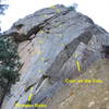 Corn on the Cob and Thunder Road.  Corn on the Cob starts on a small ledge below the upper west face of Cob Rock.<br>
<br>
Thunder Road starts down to the left; the difficult bolted face is accessed via an easy trad approach pitch.