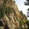 The upper pitches of Hot Spur.  Climb straight up short steep corners to a a series of ledges with trees.<br>
<br>
Climb through a broken area, then move up and right on loose ramp toward a big pine tree near the top of Northumberland Crack.<br>
<br>
Just left of the tree climb a steep juggy wall to the top.<br>
<br>
It's also possible to climb to the top farther to the left; this is mostly fourth class and loose.