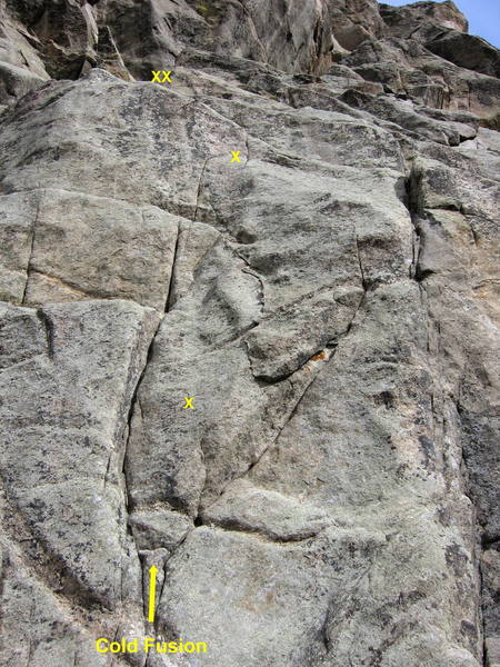 Cold Fusion.  Climb cracks and face just right of the Central Chimney.