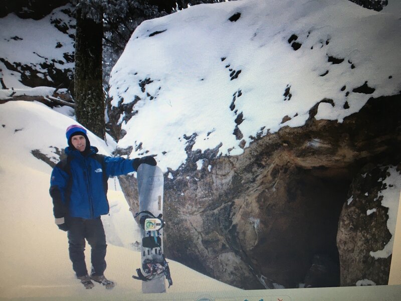 Snowboarding Pine Mt. at the Picnic area. Painted Carnival boulder behind me