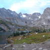 View of the cirque from Long Lake.  Navajo Snowfield on the right