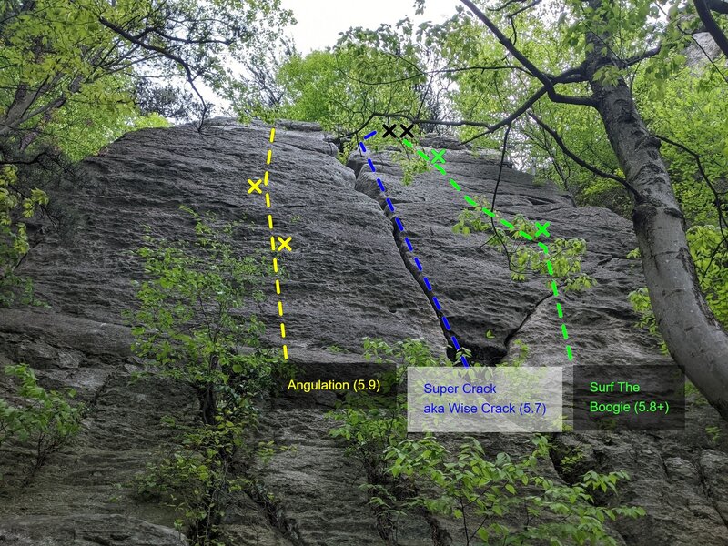 Angulation Wall: Angulation (mixed, 5.9, yellow), Super Crack aka Wise Crack (trad, 5.7, blue), Surf The Boogie (mixed, 5.8+, green)