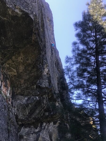 Dave high up on the ultra classic Stormy Monday Direct 10b. Lighting Bolt Crag, Emeralds, Ca