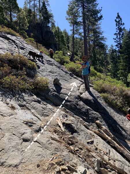 When nearing the base of the crag, trail passes directly over this short section of slab, then finishes up on a few switch backs