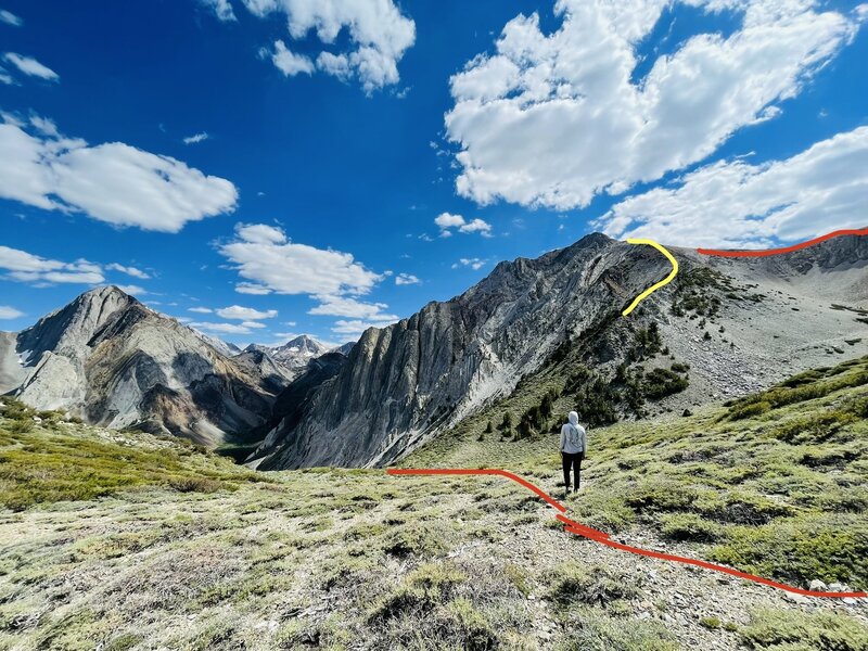 Yellow is the ridge descent ppl have mentioned, which we missed, and red is a continuation of a photo I posted. This is what we took and it wasn't bad.