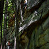 Dylan leading "Bobby D's Bunny", Logan belaying