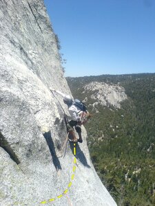 Traverse move then reaching up for the finger crack.  Crack protects with small gear (blue alien) or nuts.