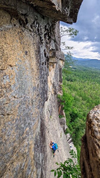 Linkup from Toe Crack to P3 just below the chimney for a more consistent grade and varied climbing experience.   The pic is the "high" traverse which is easy at around 5.3 but run out.