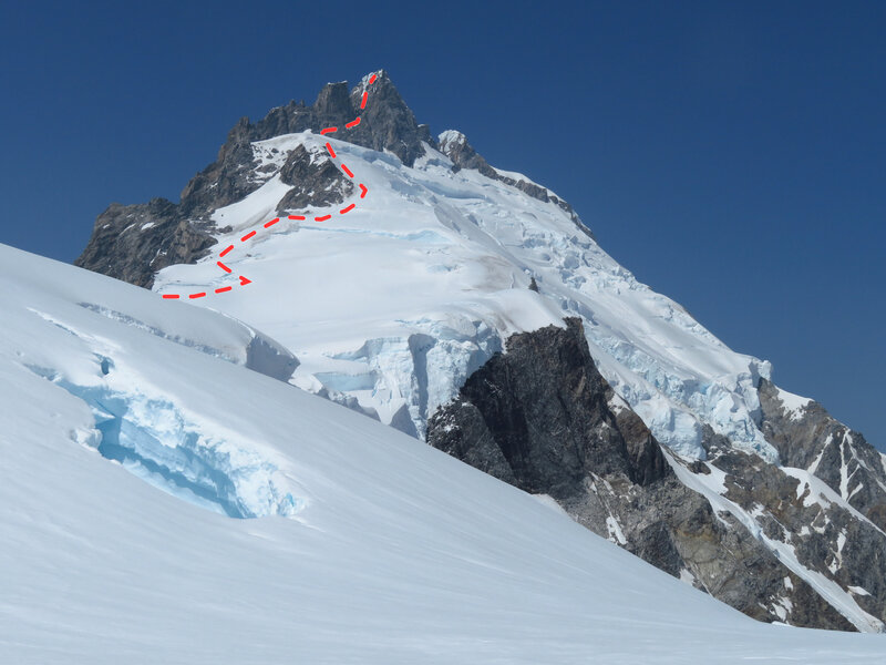 From Bravo Col, 2018. Spearman Saddle at left. Route from Spearman to the summit marked