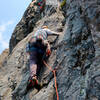 Starting pitch 8, looking up at the crux.