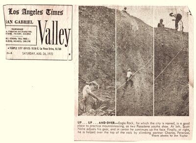 1972, Charlie Peterson lead climbing with me following. My harness tie-in is very questionable.