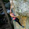 Lindsey Gottwig getting ready to start the business on the crux bulge of the route