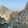 Looking at the third class ledges to start Petzoldt. I recommend starting where the picture is taken. You'll find easy 4th to a couple 5th class moves for 70 meters that will take you to a nice ledge where route "starts".