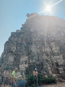 The belay area for the Amoeba Route. Very easy for beginners and not too vertical. Lots of hands and feet.