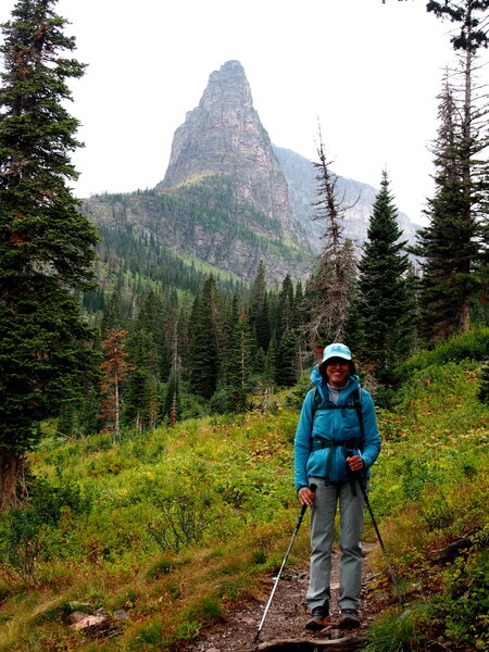 Sheila Matz and Pumpelly Pillar in the background from the Dawson Pass Trail, a bit below No Name Lake.