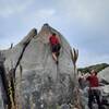 Good foot jams on the upper section of Meltdown (5.8) at Evan's Crag.