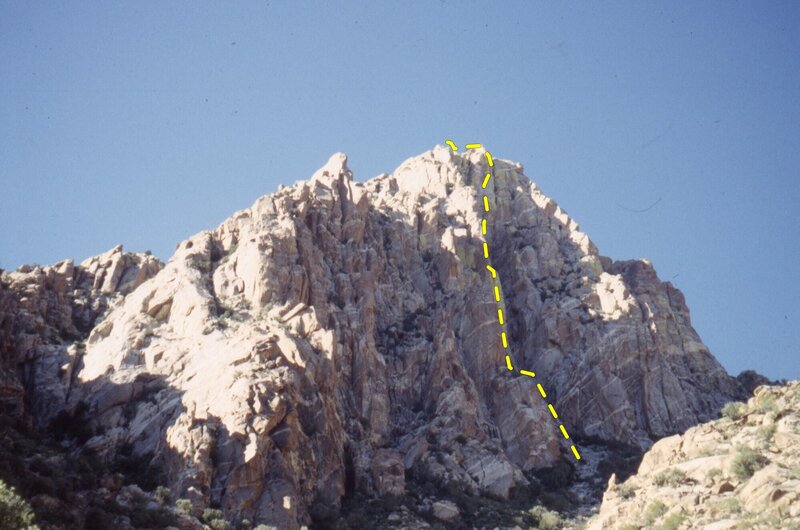 The buttress has the green lichen patch, to the left of the deep cleft below the summit.