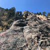 This is partway up the Flatironette. The ending is hard to distinguish, but it's maybe 100 more feet and ends on the ledges below the cave gate. There are better holds to the right.