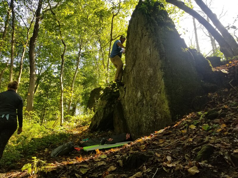 Blake finishing New Endeavors V0 on Giddy Up boulder