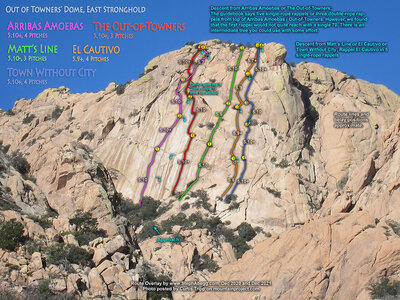 Route Overlay of some of the popular routes on Out of Towners' Dome.