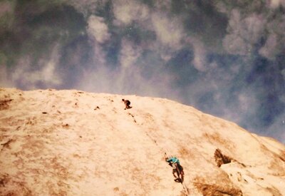 Climbers on the first pitch of Mental Physics (5.7), Joshua Tree NP