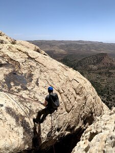 Starting the first rappel of Solar Slab Gully, after climbing "johnny vegas". Would not recommend planning a day to rappel, as it is a long and wandering rappel that takes time!
