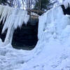 Tinker's Pillar (left) and Main Falls (right) in early February 2022. The Main Falls had a horizontal gap along the top edge on the left side so the ice was almost fully disconnected to the rock in some stretches.