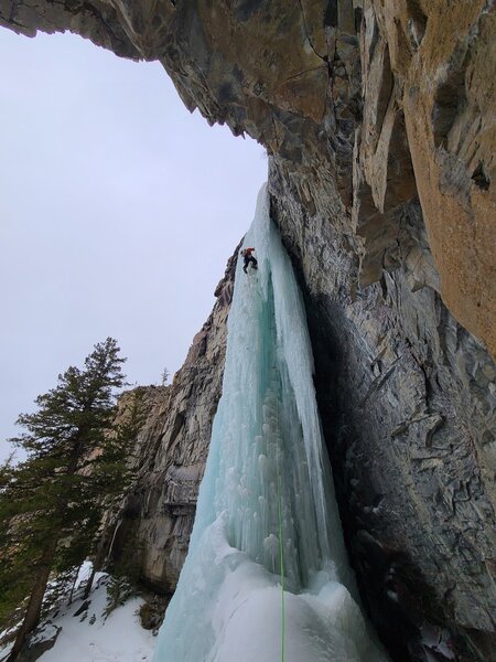 Evan Watts photo of this incredible pillar. It feels a little more committing compared to the average WI5 - since you are many rappels away from the bottom of the gully. We also had overnight temps of -10 coming up - gave everything a serious flavor!