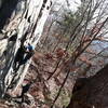 Doug at the show-stopper crux move of Flying Fish while on lead.  It's a gut buster for the grade.