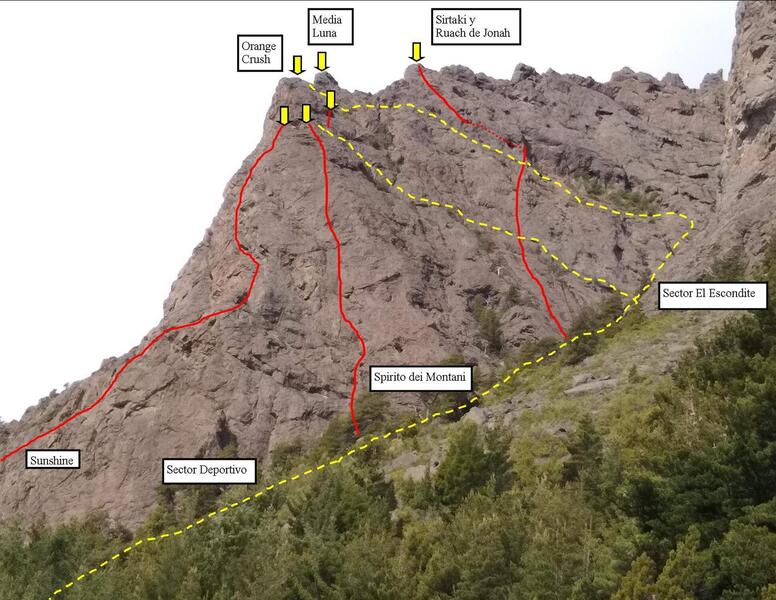 Topo of routes and descent routes (yellow)