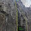 The Dragon Area. Shown: Dragon's Back (5.7+, yello), Dragon Cracks (5.8, blue), Right Crack (5.7, green). There may be an alternate start to the right, according to the PATC guidebook.