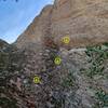 Alex T contemplates 2nd crux, moving above the big pocket/undercling near top of Mission Impossible; Yellow arrows show first 3 bolts; first crux is right at the 3rd bolt  shown here (which might actually be the 4th bolt).