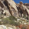 Horndog takes the middle buttress to the right of the roof to the huecos in the center of buttress to the top. Third pitch is left of obvious flake to top in left hand corner of picture.