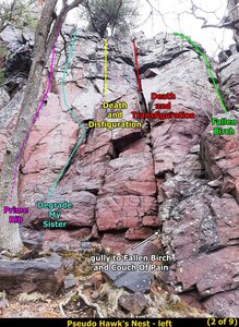 Routes just left of the gully.