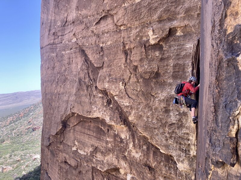 Kat from Canmore AB climbing the beautiful corner pitch (with partner Oliver above)