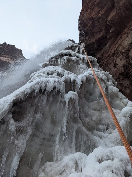 Rotten/sketchy and very wet. I was able to make tools and crampons stick enough though, and no ledges collapsed when standing on them, April 24, 2022.