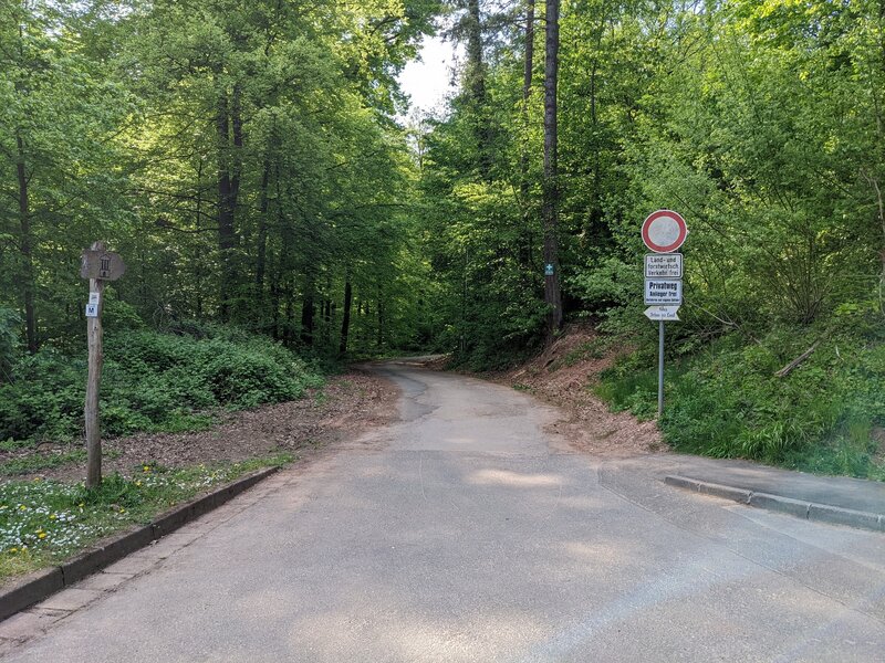 Access road to the parking area at coordinates of 49.712295, 6.543404. Ignore the "do not enter" road sign.