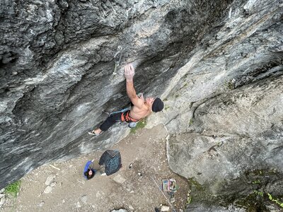 Mason firing onto the crux hold
