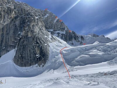From right to left, start of route, base of spiral, the nose, top of west face, summit ridge.