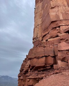two guys working the second pitch of The Ivory Tower, mid May in the wind
