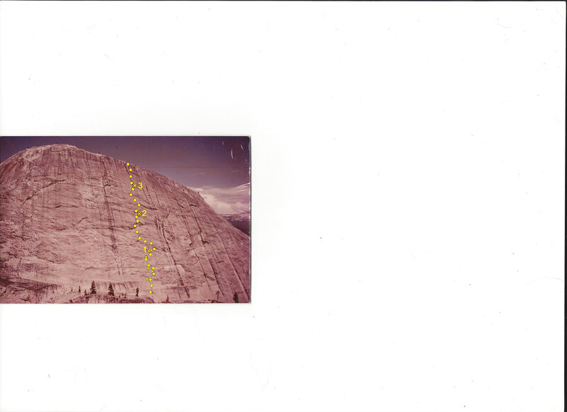 Power Dome with original photo and highlighted topo of Go Runout and Pray. Some belays may only have one bolt backed up with gear. Hand drilled ground up. This is the first route I did with HERB LAEGER. I lead the 2nd and 4th pitch. He did 1&3.