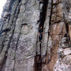 Anybody recognize this early hardman on Agony in 1971...? 
<br>
 It was so windy the rope was flying everywhere.
<br>
I was impressed, not just with his lead, but those spiffy looking climbing shoes.